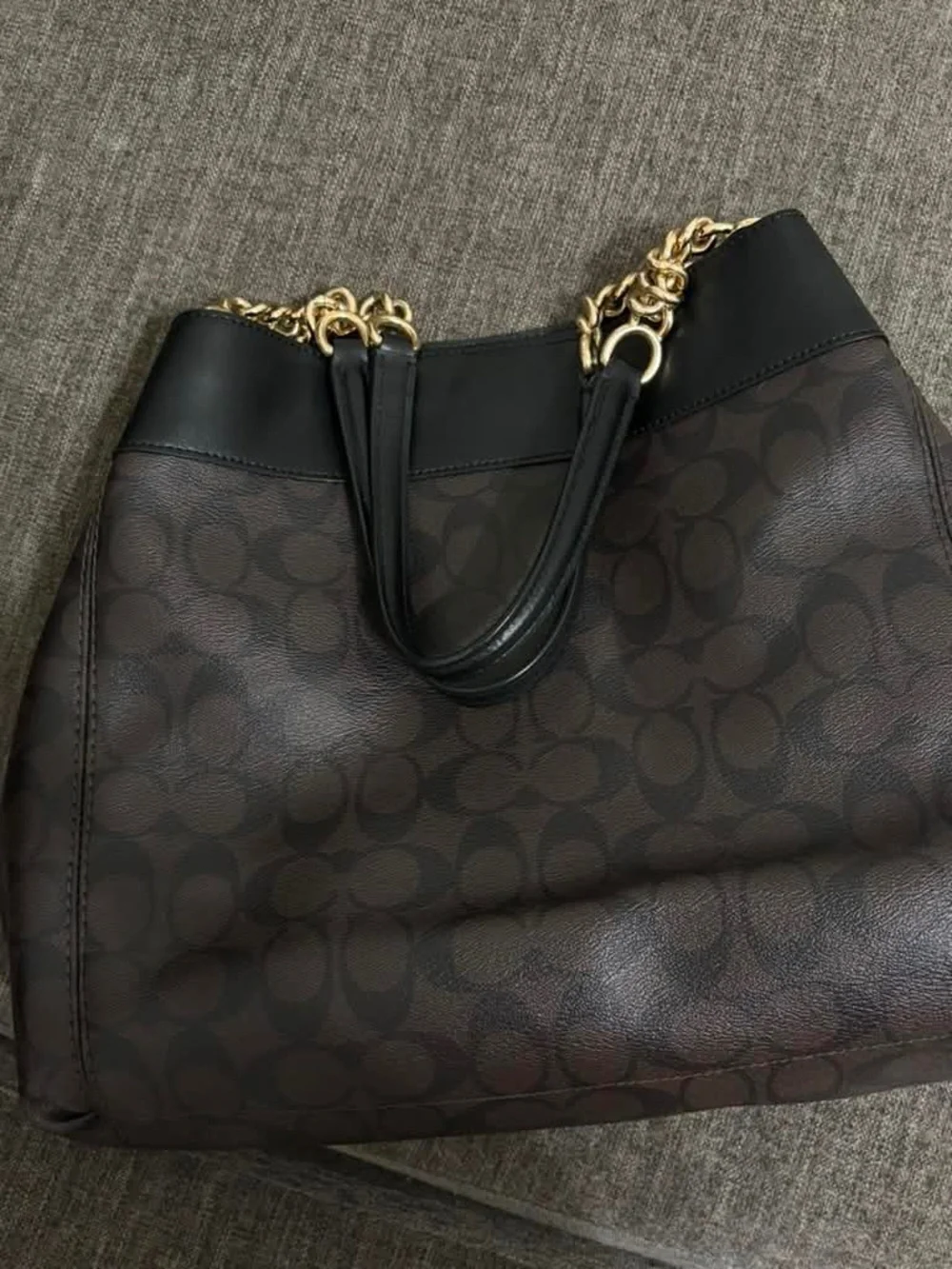 Coach Brown Signature Shoulder Tote with Black Trim and Gold Hardware